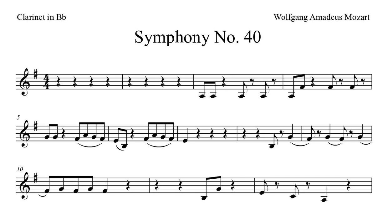 Partition de Symphony No. 40 pour clarinette, premières lignes