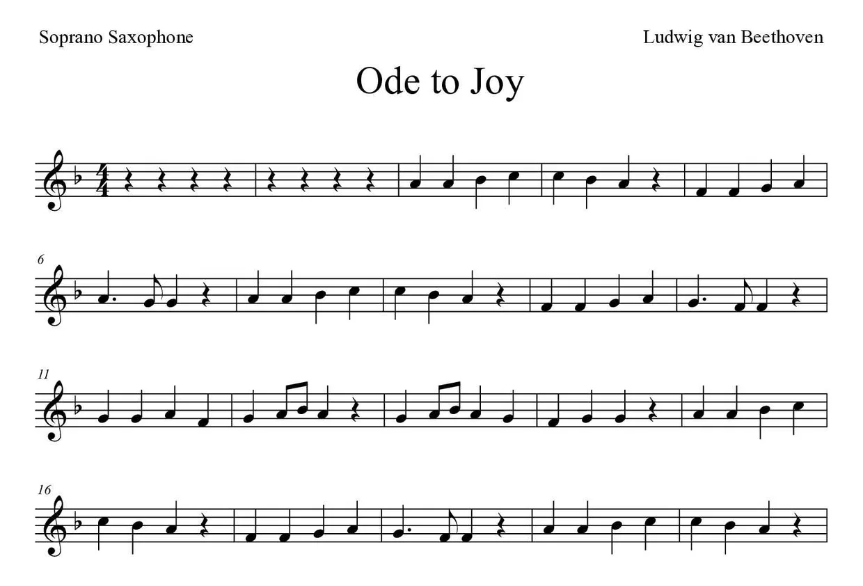 ‘Ode to Joy’ Soprano Saxophone 악보의 첫 몇 줄