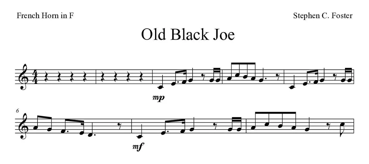 Partitura de Old Black Joe para trompa, primeiras linhas