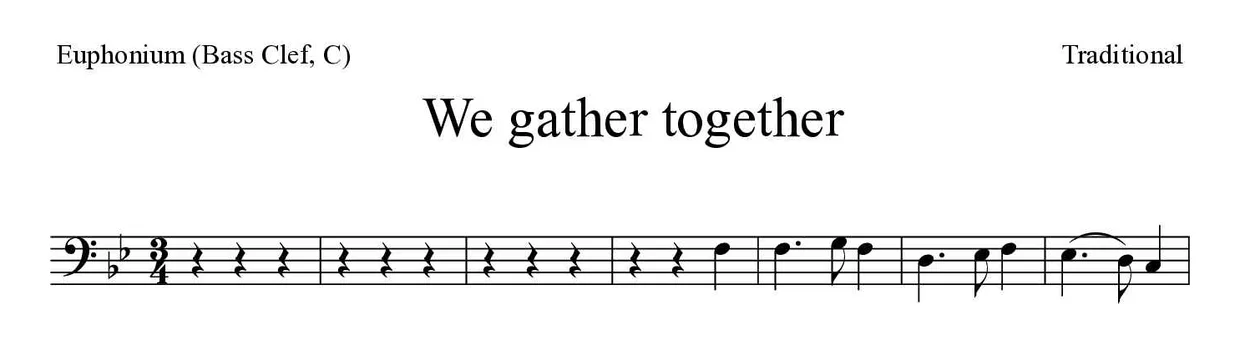 《We gather together》上低音号（低音谱号，C）乐谱前几行