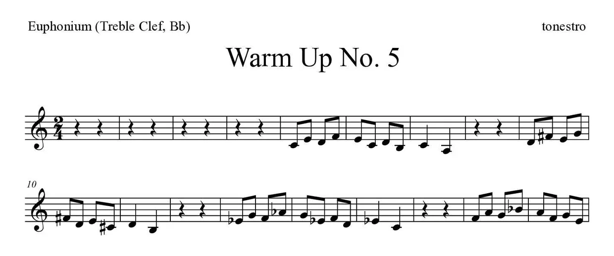 Sheet music of Warm Up No. 5 for euphonium (treble clef, Bb) (Hard), first lines