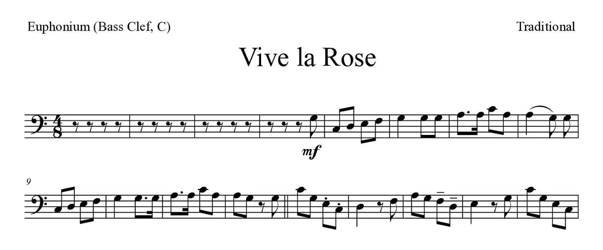 《Vive la Rose》上低音号（低音谱号，C）乐谱前几行