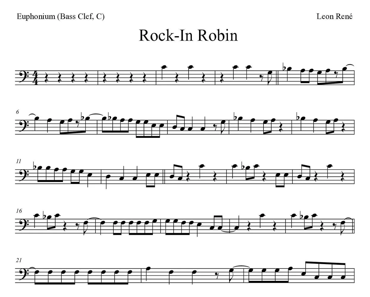 Bladmuziek van Rock-In Robin voor euphonium (bass clef, C), eerste regels