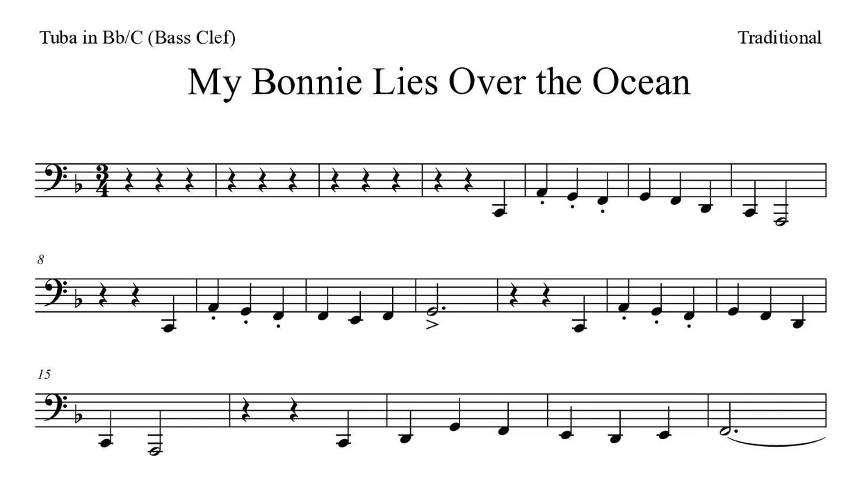 Noten von My Bonnie Lies Over the Ocean für Tuba in B/C (Bassschlüssel) (Schwer), erste Zeilen