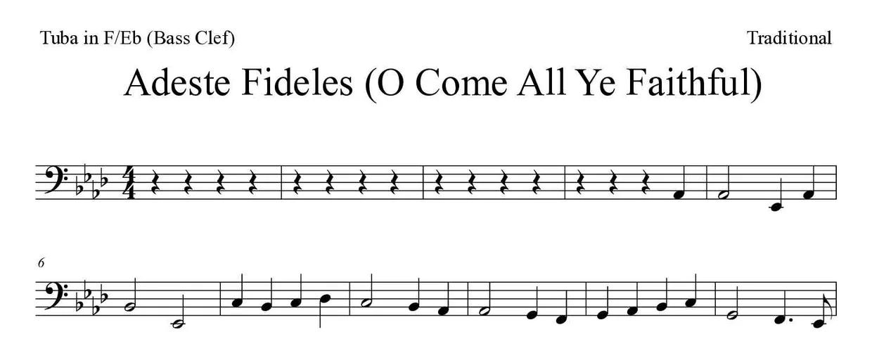 Sheet music of Adeste Fideles (O Come All Ye Faithful) for tuba in F/Eb (bass clef) (Medium), first lines