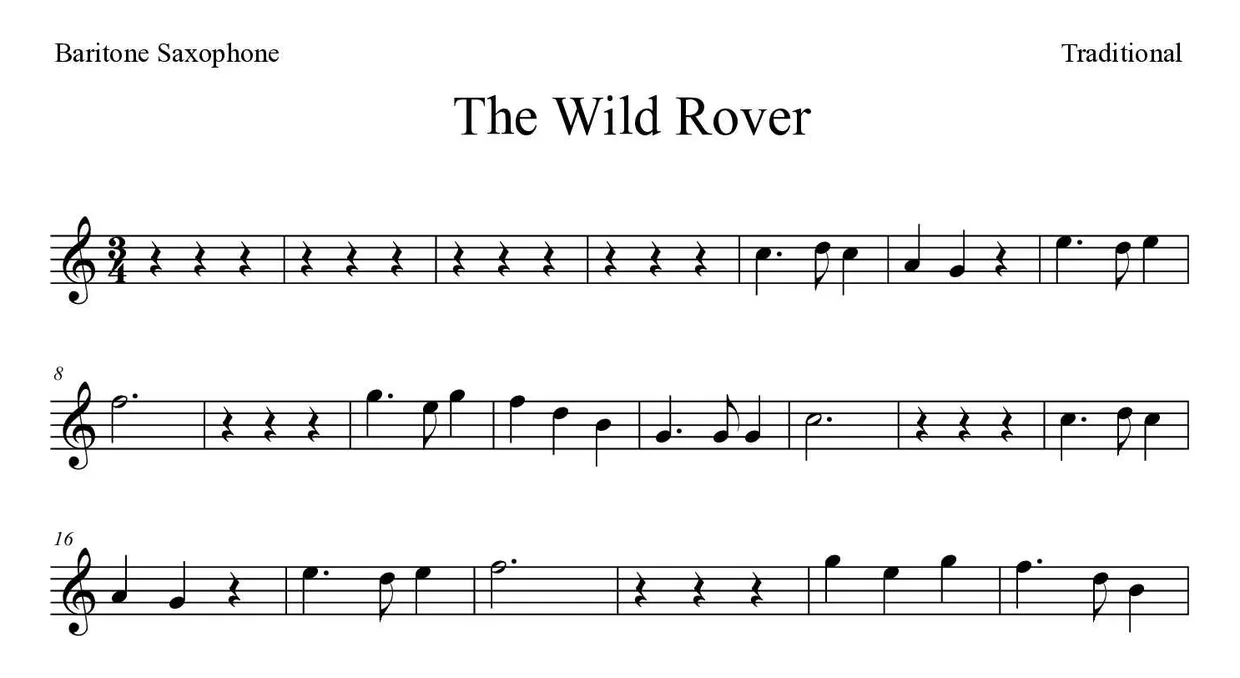Partitura de The Wild Rover para saxofone barítono, primeiras linhas