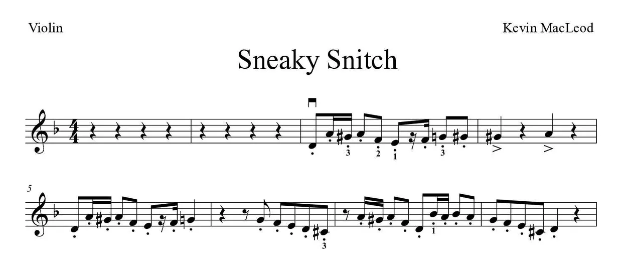 Partitura de Sneaky Snitch para violín, primeras líneas