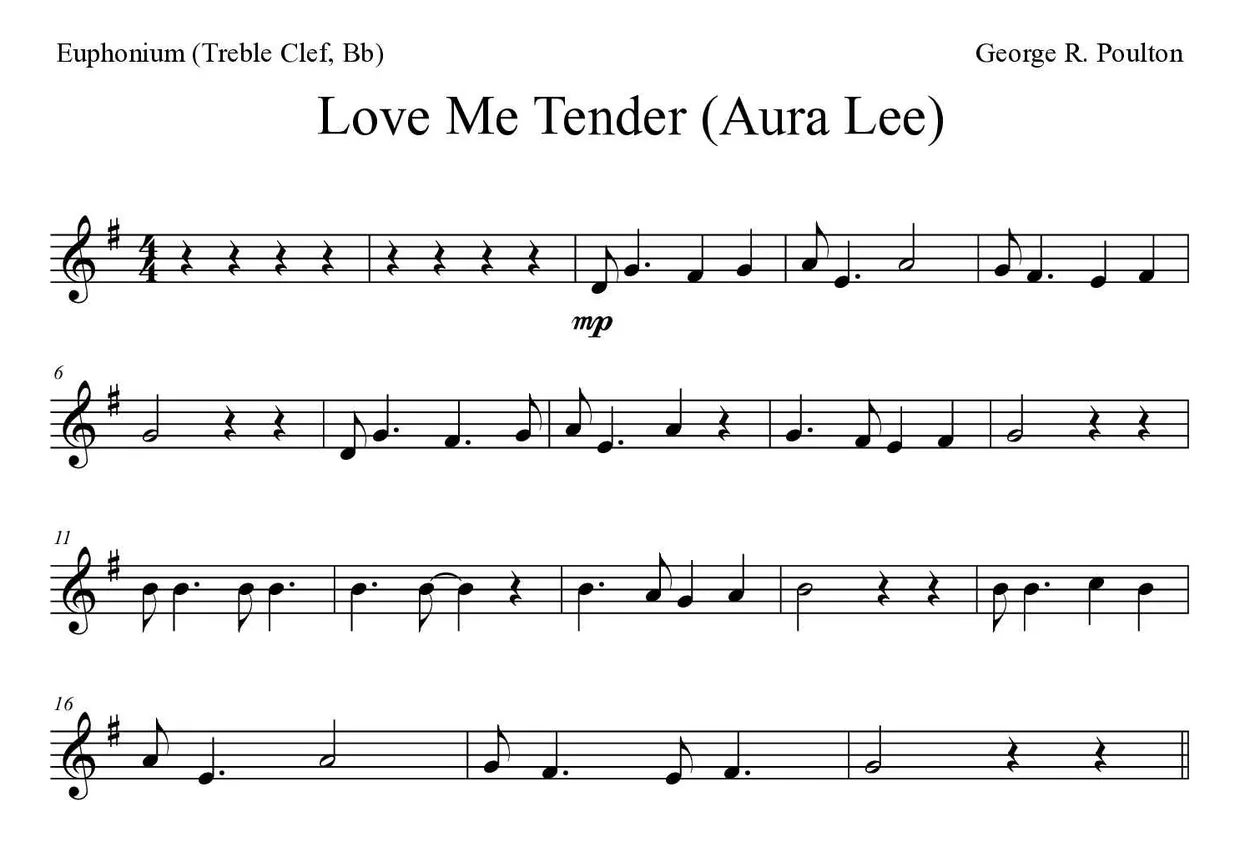 Partition de Aura Lee pour euphonium (clé de sol, si bémol), premières lignes