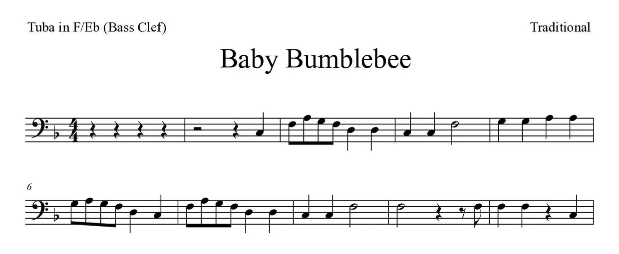 Partitura de Baby Bumblebee para tuba en Fa/Mib (clave de Fa), primeras líneas