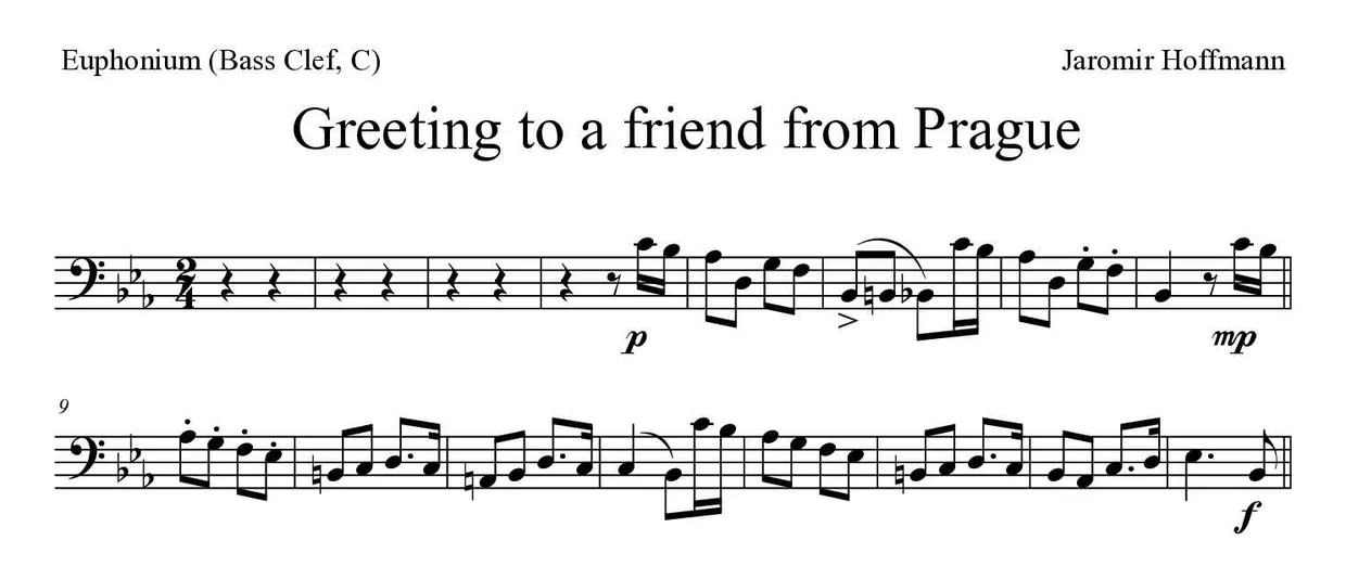 Partitura de Greetings from Prague to a friend para bombardino (clave de Fa, C), primeras líneas