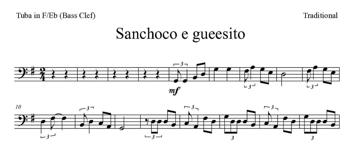 《Sanchoco e gueesito》F/Eb大号(低音谱号)乐谱前几行
