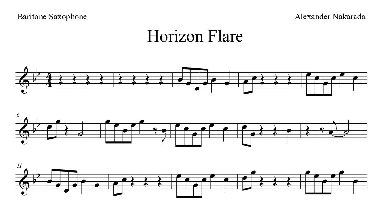Bladmuziek van Horizon Flare voor baritone saxophone, eerste regels