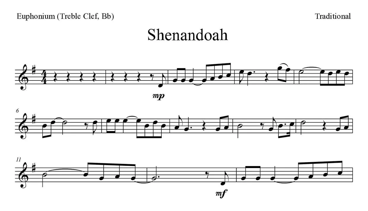 Noten von Shenandoah für Euphonium (Violinschlüssel, B) (Mittel), erste Zeilen