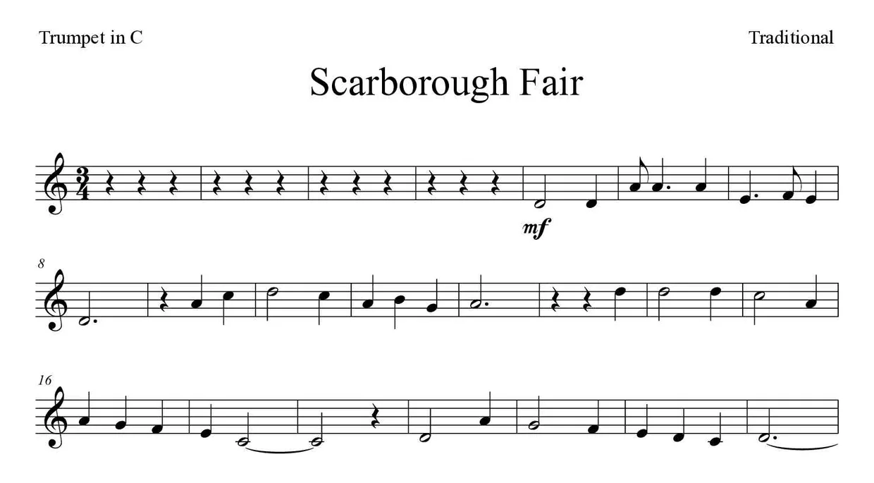 ‘Scarborough Fair’ Trumpet in C 악보의 첫 몇 줄