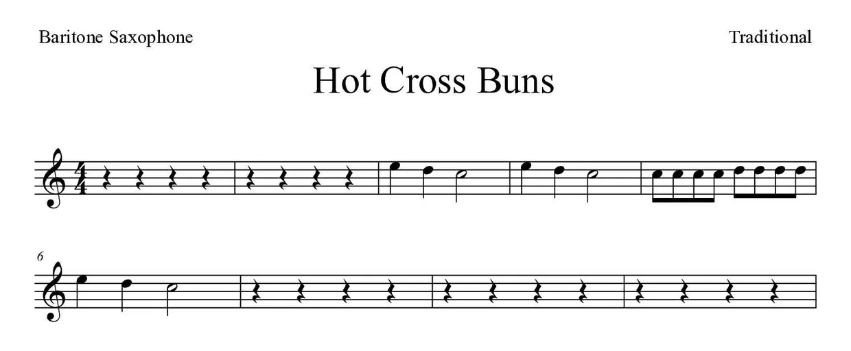 Partitura de Hot Cross Buns para saxofón barítono, primeras líneas