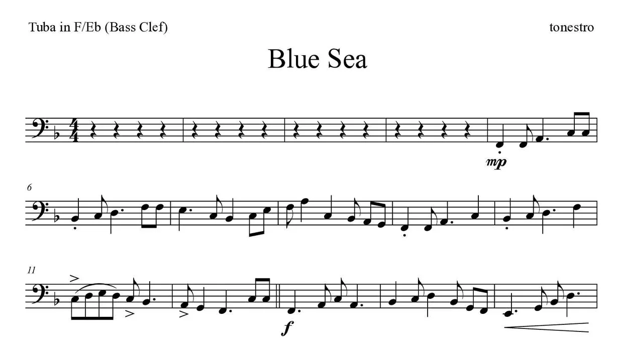 「Blue Sea」Tuba in F/Eb (Bass Clef)用楽譜の最初の数段