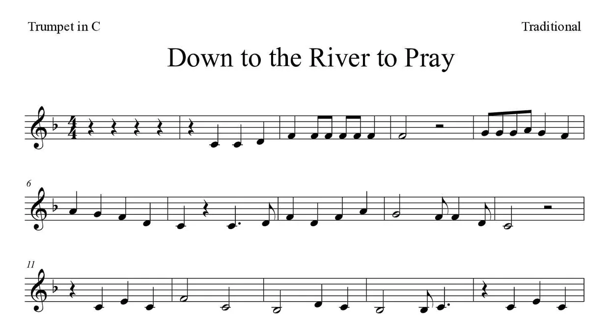 Partitura de Down to the River to Pray para trompete em Do, primeiras linhas