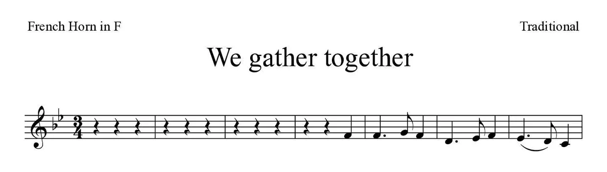 ‘We gather together’ French Horn 악보의 첫 몇 줄