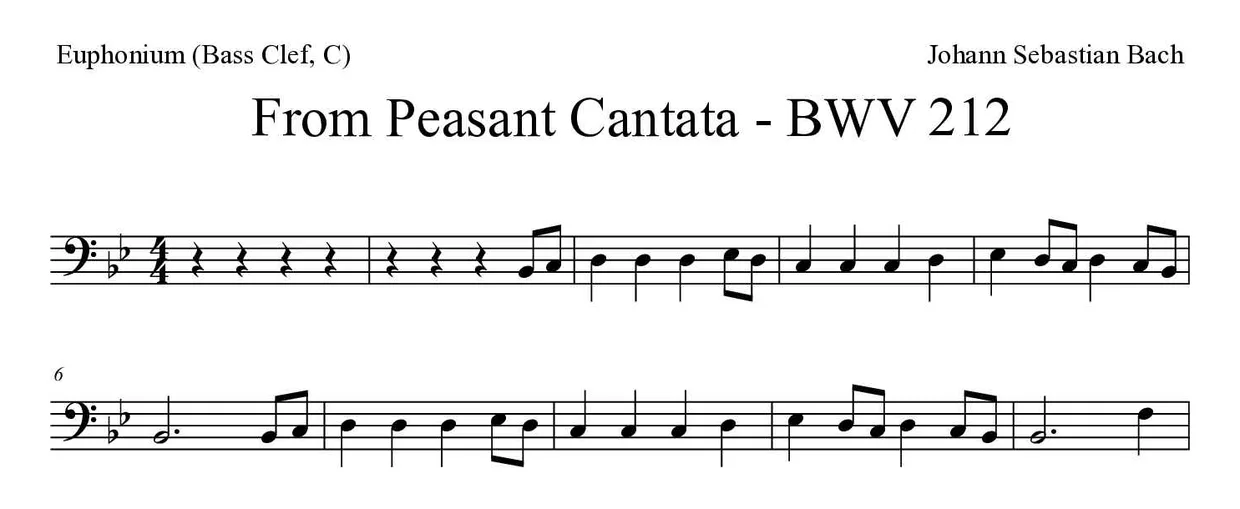 Bladmuziek van From Peasant Cantata - BWV 212 voor euphonium (bass clef, C), eerste regels