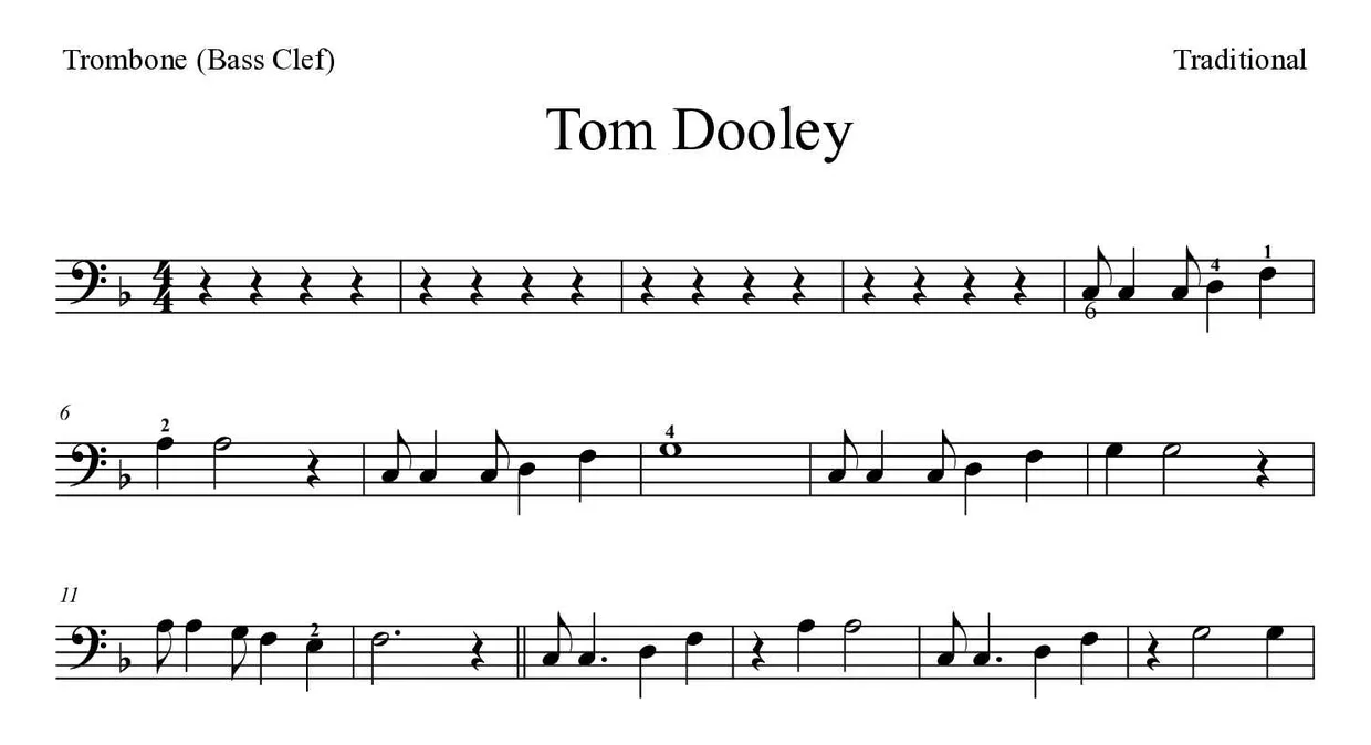「Tom Dooley」Trombone用楽譜の最初の数段
