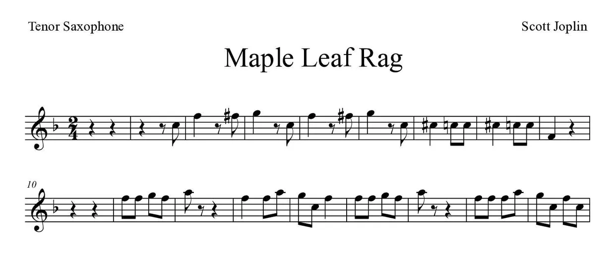 Sheet music of Maple Leaf Rag for tenor saxophone (Medium), first lines