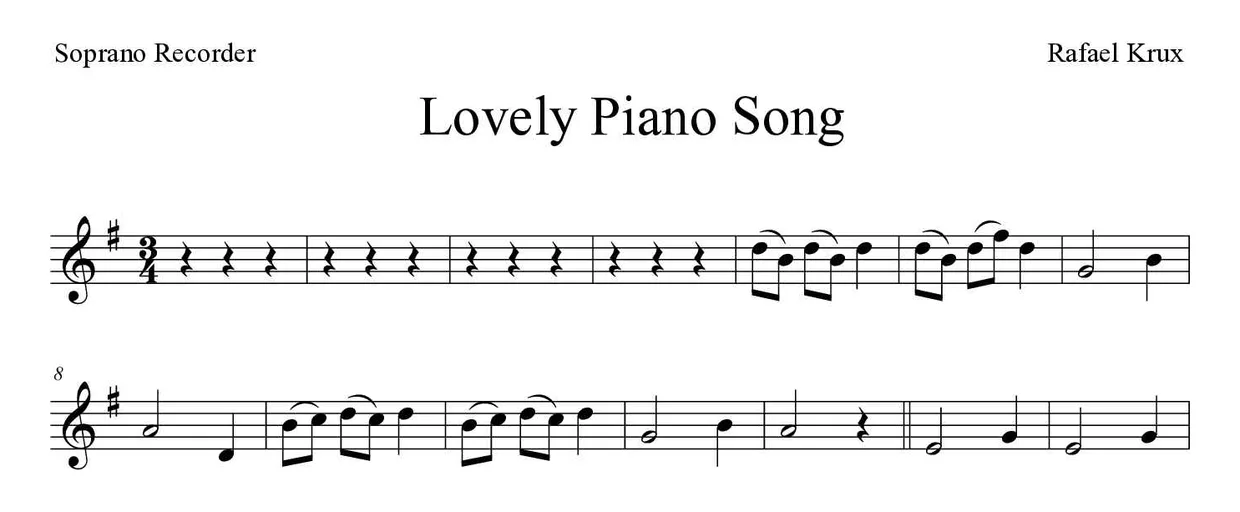 「Lovely Piano Song」Recorder用楽譜の最初の数段