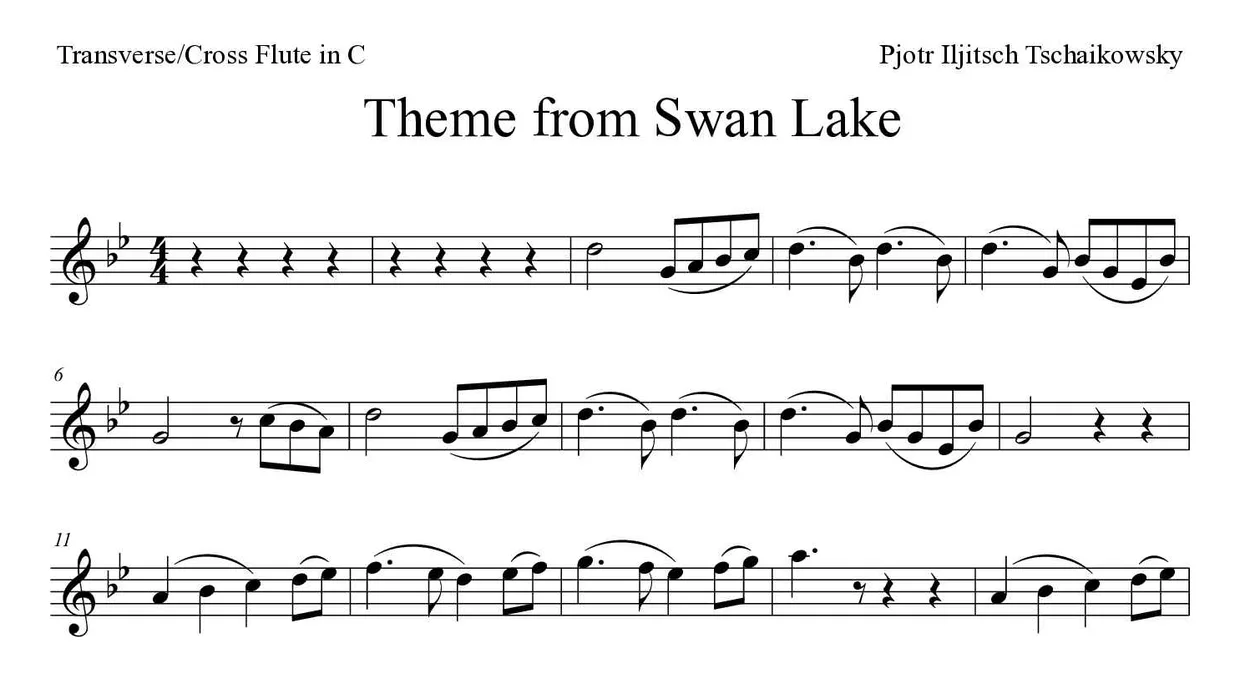 Partitura de Theme from Swan Lake para flauta traversa, primeras líneas
