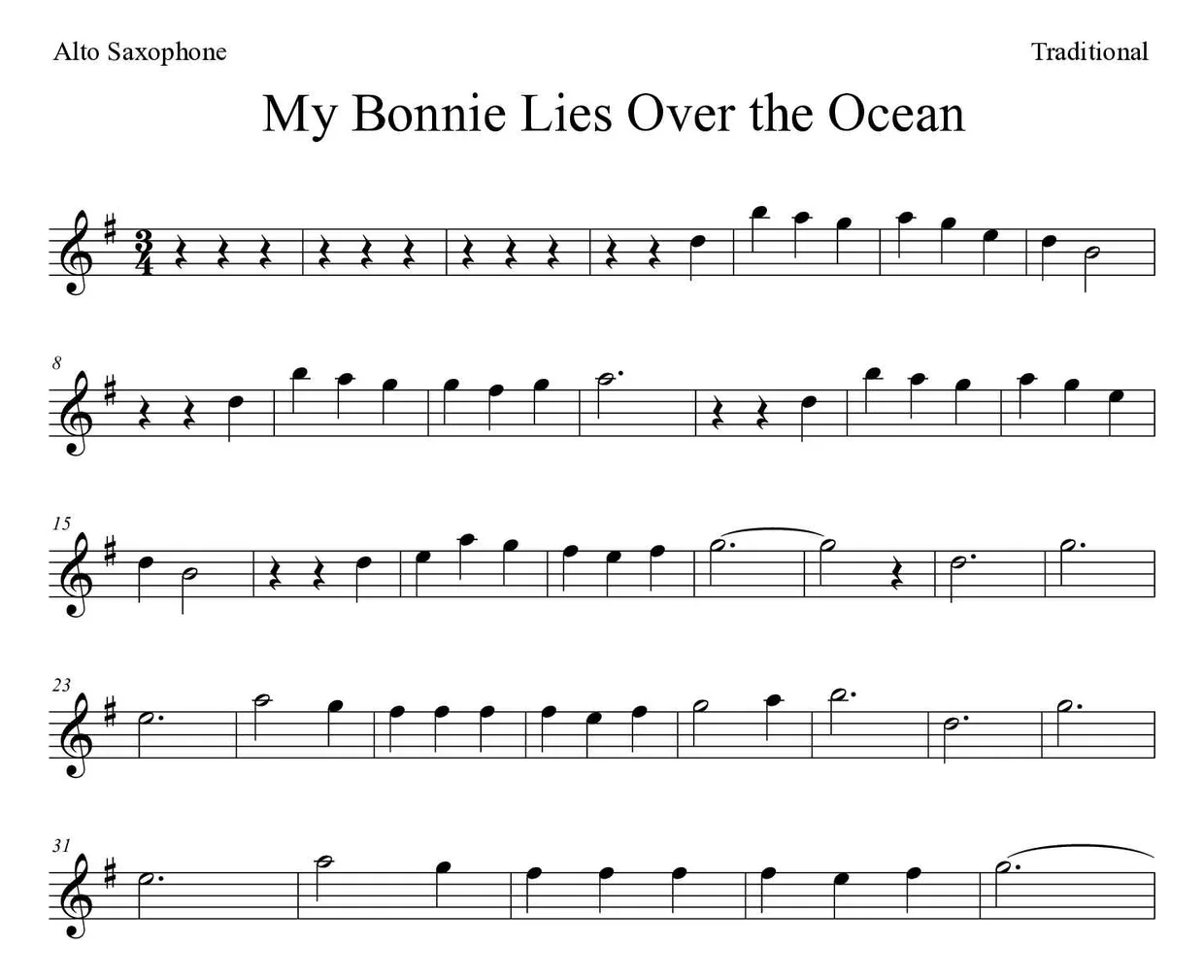 Bladmuziek van My Bonnie Lies Over the Ocean voor alto saxophone, eerste regels