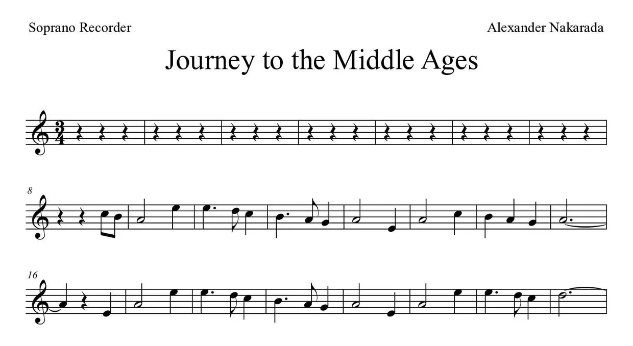 「Journey to the Middle Ages」Recorder用楽譜の最初の数段