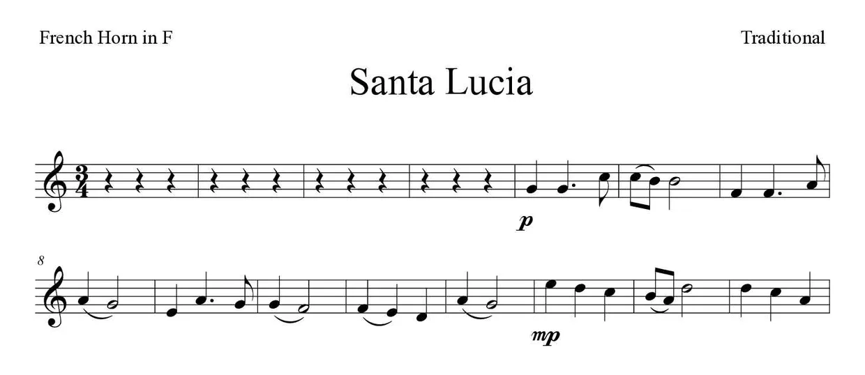 Spartito di Santa Lucia per French horn, prime righe