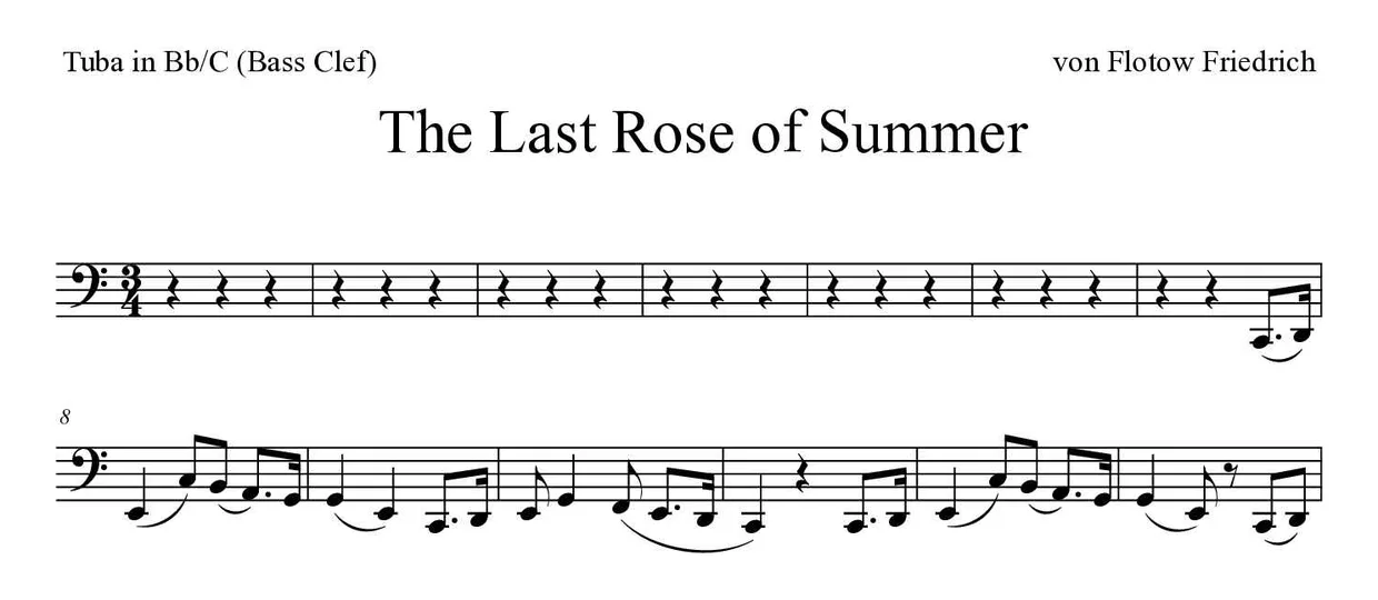 Noten von The Last Rose of Summer für Tuba in B/C (Bassschlüssel) (Mittel), erste Zeilen