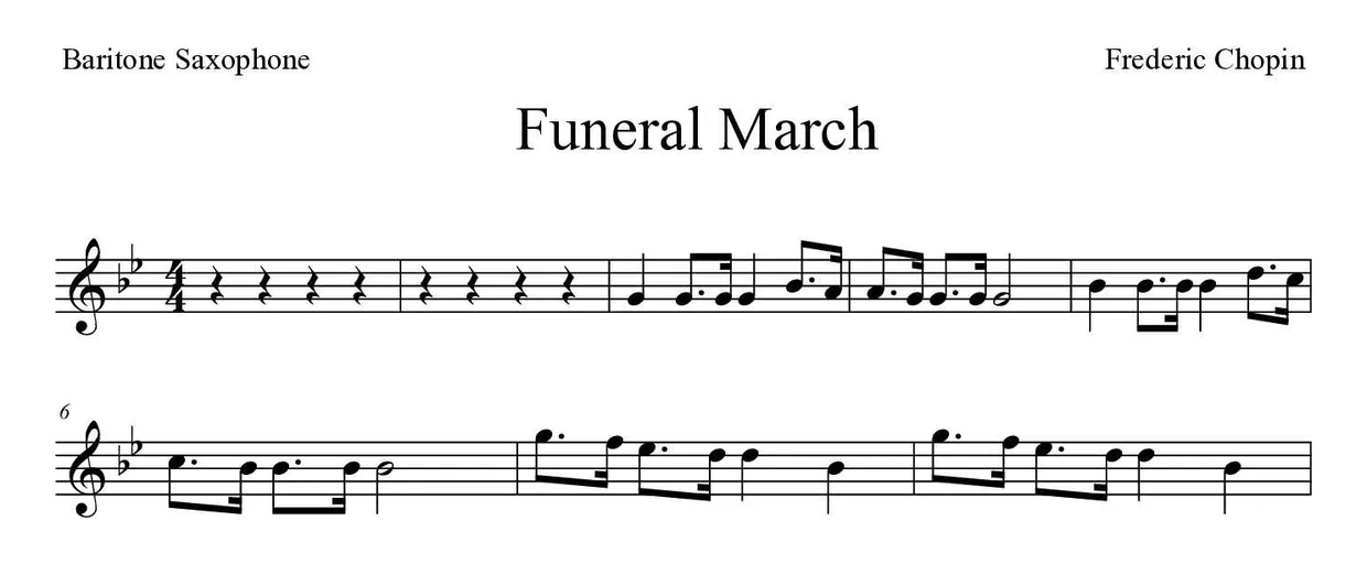 Partitura de Funeral March para saxofone barítono, primeiras linhas