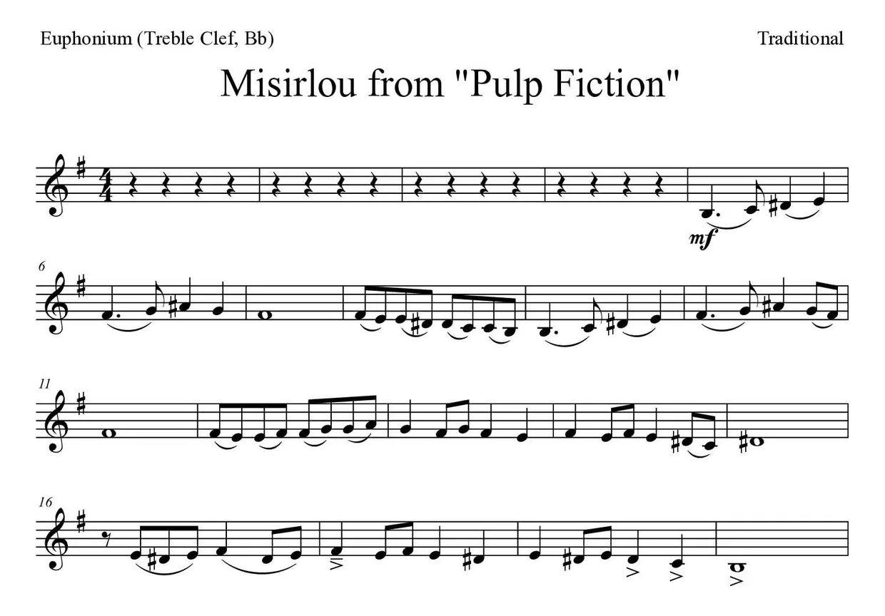 ‘Misirlou from "Pulp Fiction"’ Euphonium (Treble Clef, Bb) 악보의 첫 몇 줄