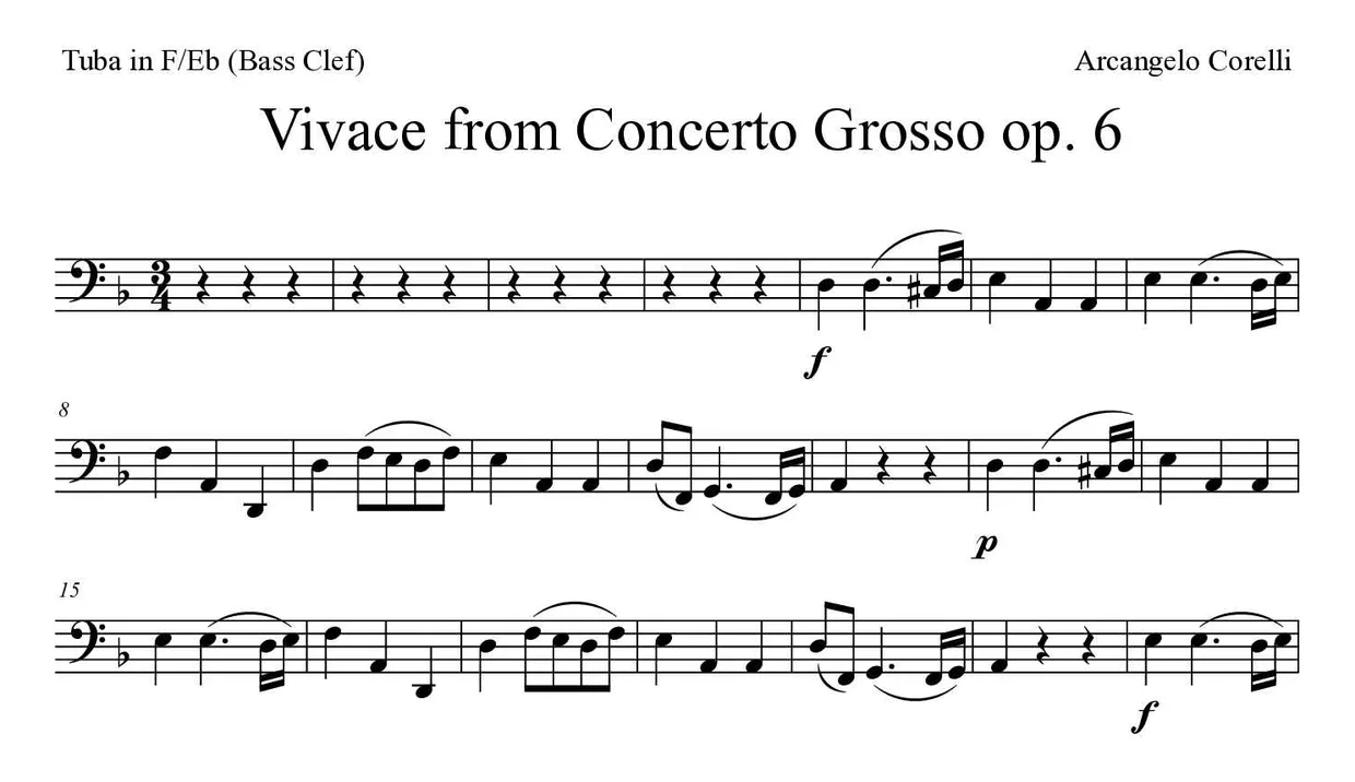 Sheet music of Vivace from Concerto Grosso op. 6 for tuba in F/Eb (bass clef) (Hard), first lines