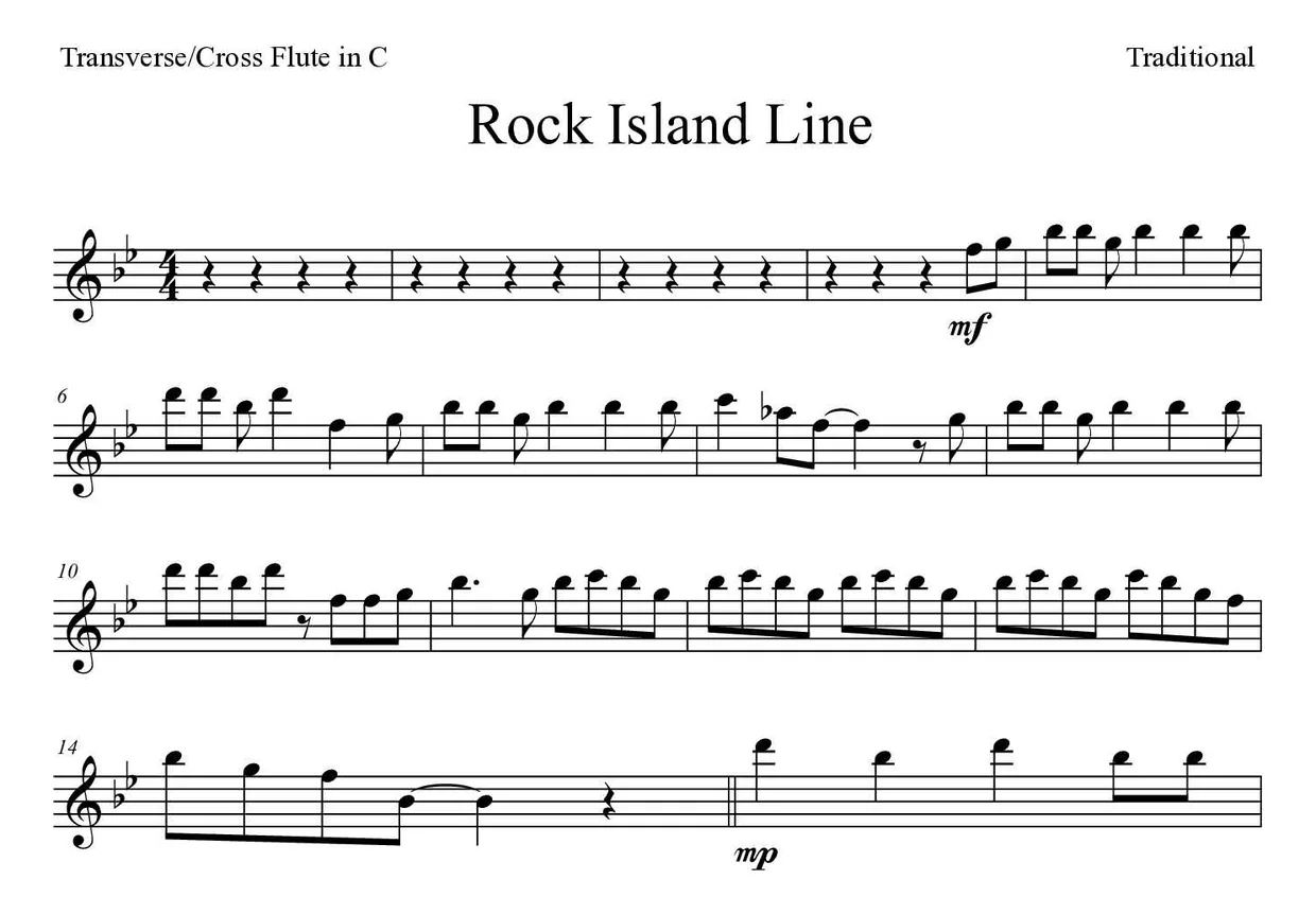 Partitura de Rock Island Line para flauta traversa, primeras líneas