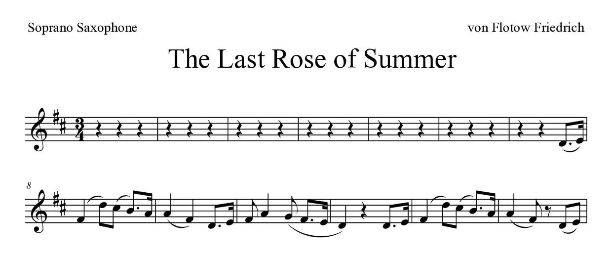 Sheet music of The Last Rose of Summer for soprano saxophone (Medium), first lines