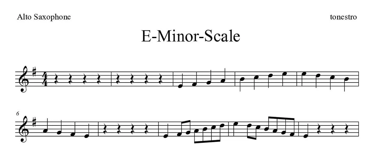 Partitura de E-Minor-Scale para alto saxofone, primeiras linhas