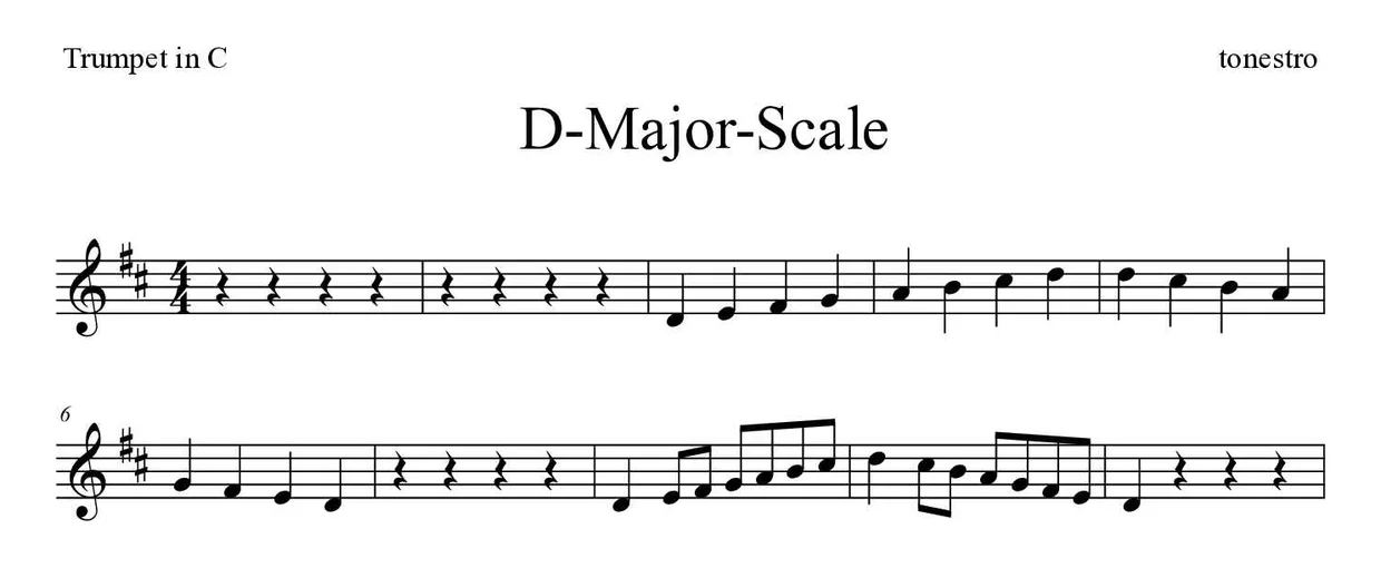 Partitura de D-Major-Scale para trompete em Do, primeiras linhas