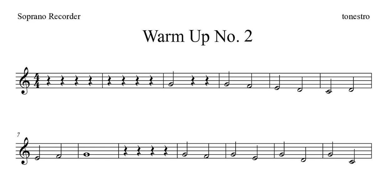 Partitura de Warm Up No. 2 para flauta de bisel, primeiras linhas