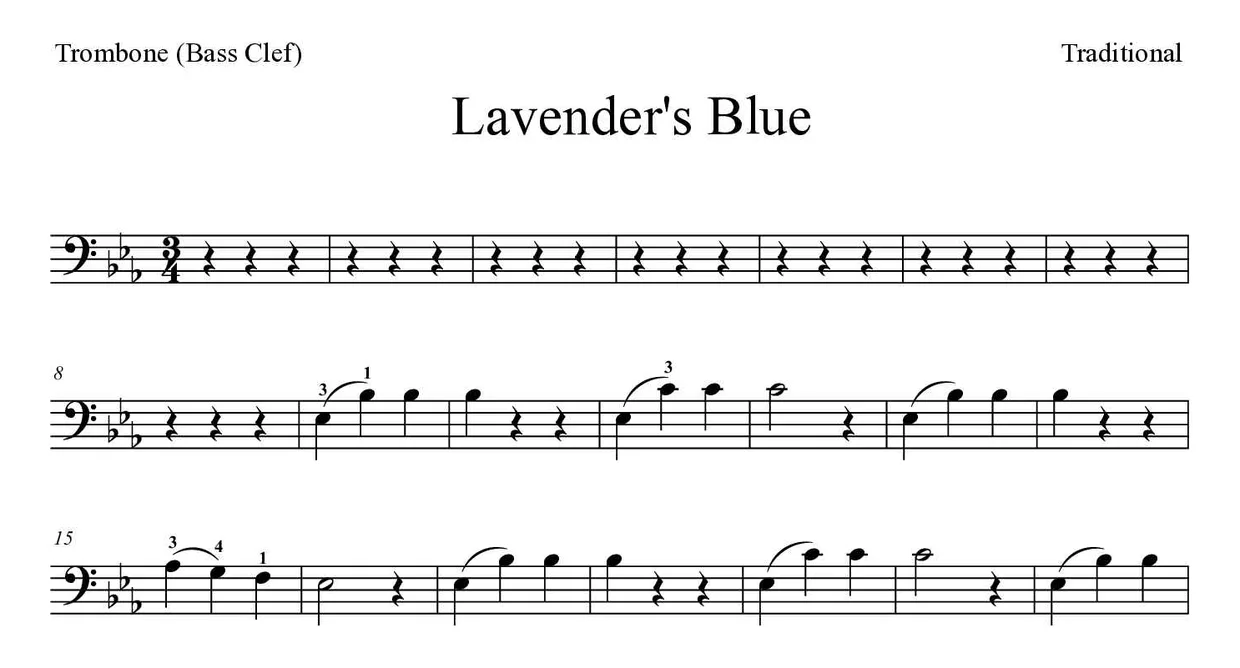 Noten von Lavender's Blue für Posaune (Mittel), erste Zeilen