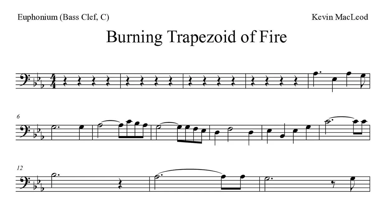 Sheet music of Burning Trapezoid of Fire for euphonium (bass clef, C) (Easy), first lines