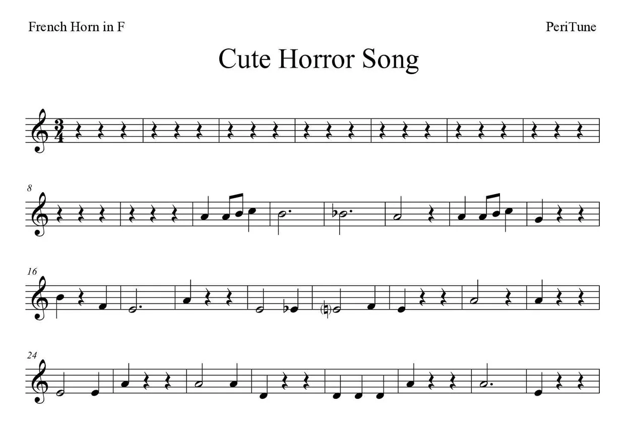 Sheet music of Cute Horror Song for French horn (Easy), first lines