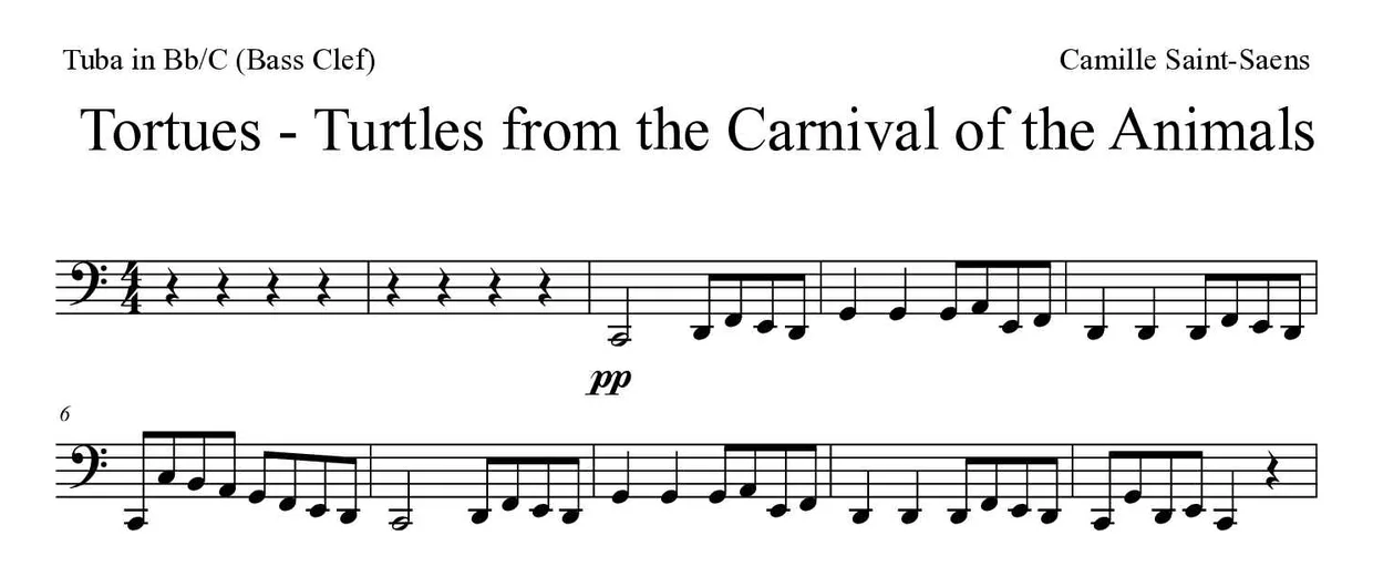 Noten von Tortues - Schildkröten - aus dem Karneval der Tiere für Tuba in B/C (Bassschlüssel) (Einfach), erste Zeilen