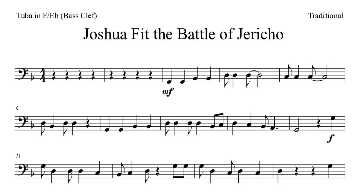 Partition de Joshua Fit the Battle of Jericho pour tuba en fa/mi bémol (clé de fa), premières lignes