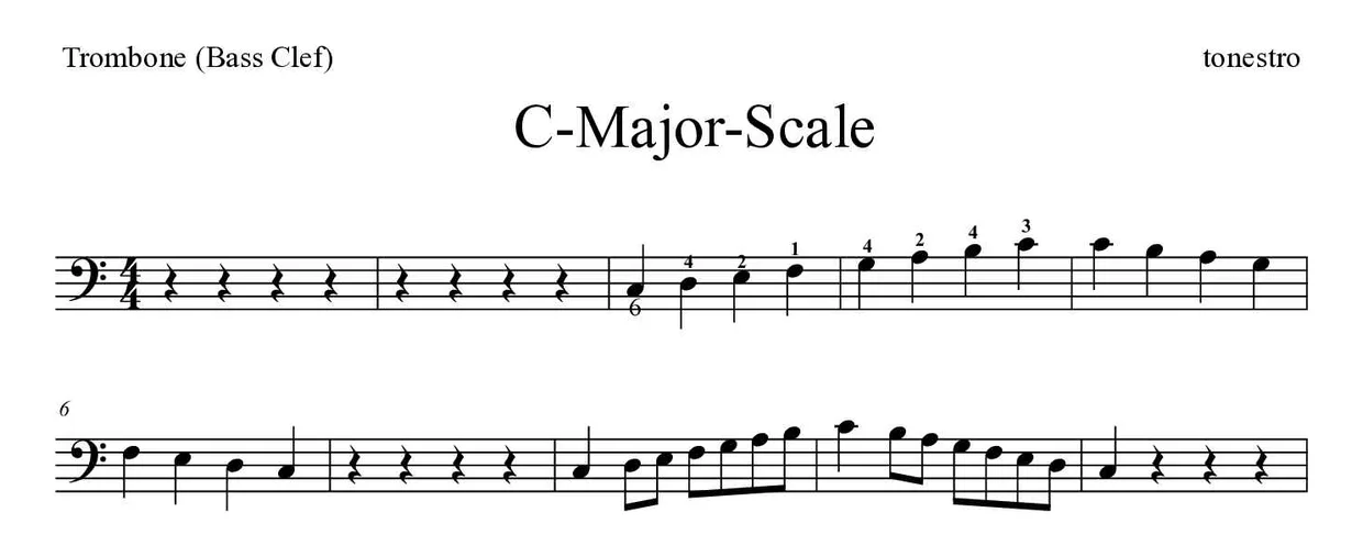 Sheet music of C-Major-Scale for trombone (Hard), first lines
