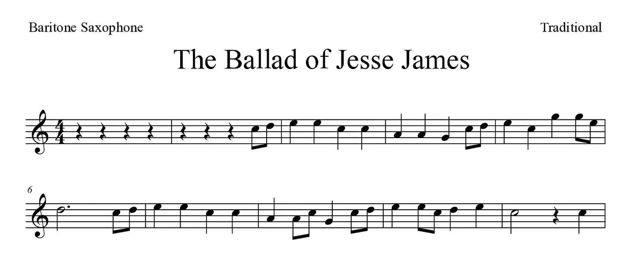 Partitura de The Ballad of Jesse James para saxofone barítono, primeiras linhas