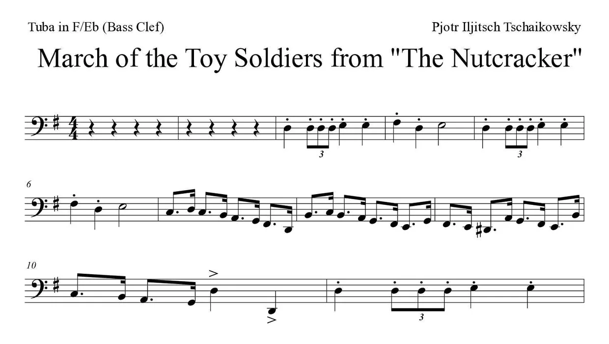 Spartito di March of the Toy Soldiers from "The Nutcracker" per tuba in F/Eb (bass clef), prime righe