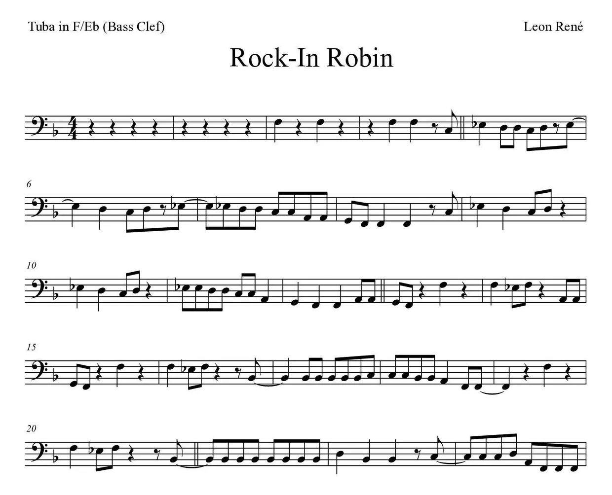 Partitura de Rock-In Robin para tuba em Fá/Mib (clave de Fa), primeiras linhas