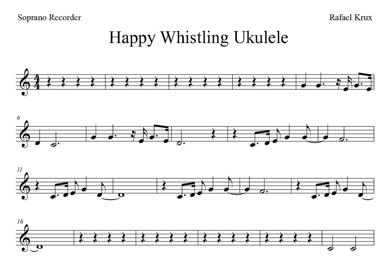 Bladmuziek van Happy Whistling Ukulele voor recorder, eerste regels