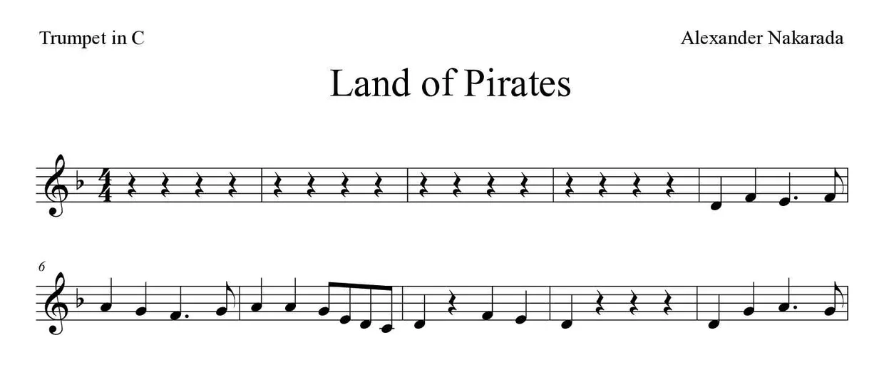 Partitura de Land of Pirates para trompete em Do, primeiras linhas